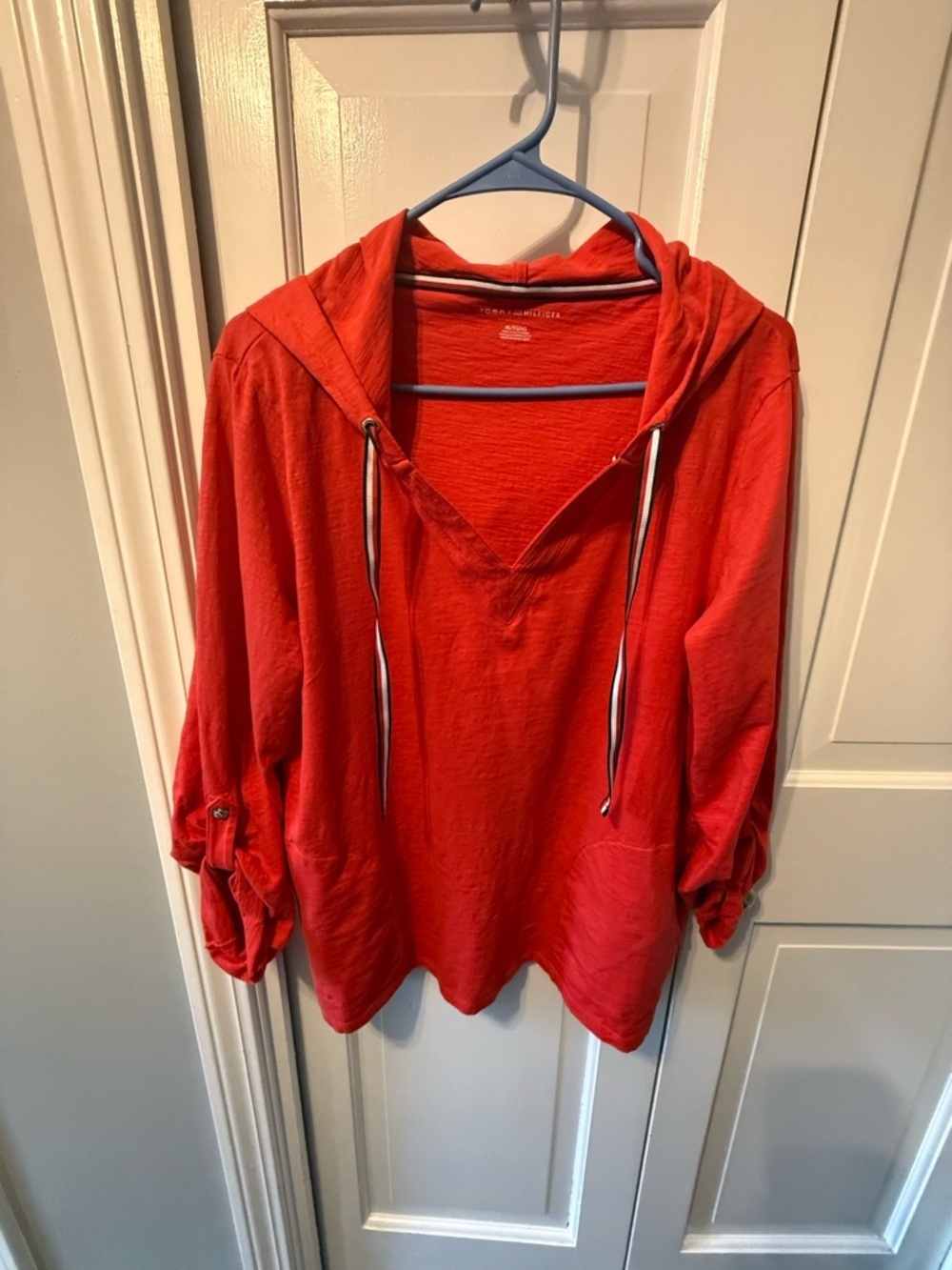 Tommy Hilfiger Red Crewneck Pullover with Navy & White Collar Stripe XL